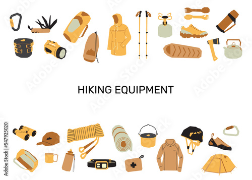 Set of hiking equipment. Items for camping, trekking and climbing
