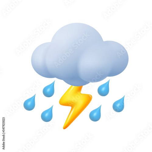 Cloud with thunderbolt and heavy rain. Isolated weather forecast icon, meteorology. Thunder and lightning. Vector stormy rainy weather with drops, 3d realistic style icon