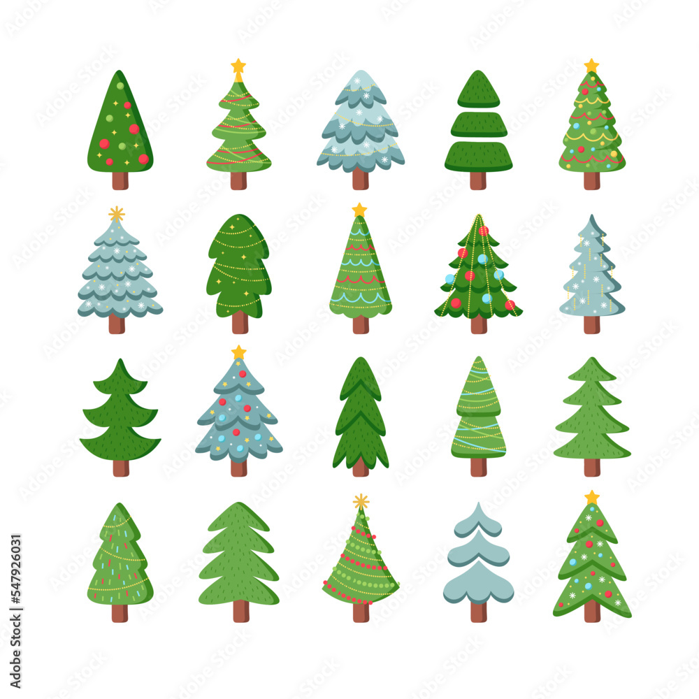 Christmas trees flat icons set. Different variation of evergreen coniferous trees. Ceder, hemlock, pine, sequoia covered by snow. Winter season decor. Color isolated illustrations Christmas trees flat icons set. Different variation of evergreen coniferous trees. Ceder, hemlock, pine, sequoia covered by snow. Winter season decor. Color isolated illustrations