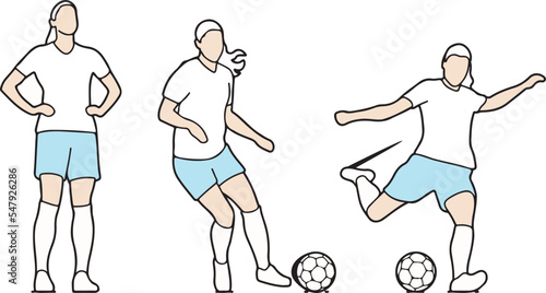 Female soccer football player standing dribble shooting kicking goal line art minimalist style