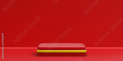 3d realistic red podium. Scene and platform with gold on light background. Design pedestal for award and winner. Vector illustration