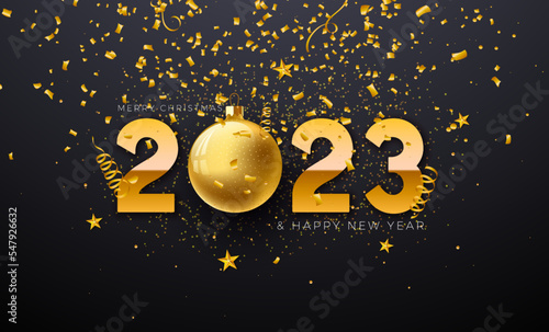 Happy New Year 2023 Illustration with Gold Ornamental Ball and Falling Confetti on Black Background. Vector Christmas Holiday Season Design for Flyer, Greeting Card, Banner, Celebration Poster, Party