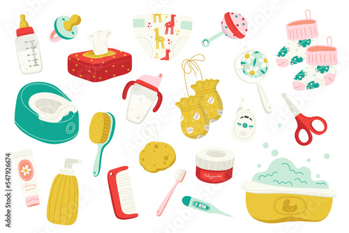 Baby care element flat icons set. Equipments for bath and sleeping. Baby brush and comb set, toothbrush, washcloth. Gently grooms. Pacifier, rattle, baby milk bottle. Color isolated illustrations