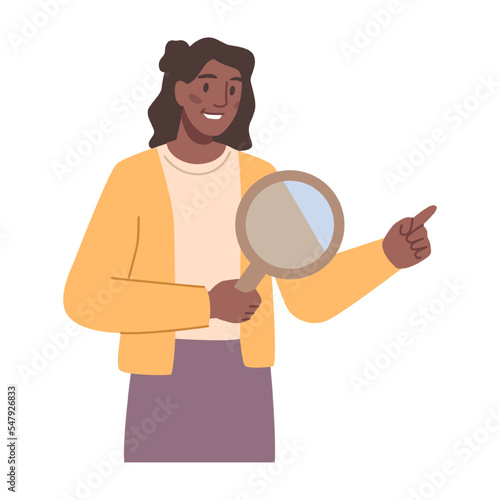 Business worker holding magnifying glass searching for solution. Isolated woman with tool for project development. Flat cartoon character, vector in flat style