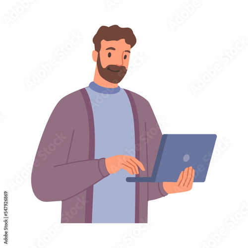 Employee with laptop working on business project. Isolated man with personal computer developing website, boss or director. Flat cartoon character, vector in flat style