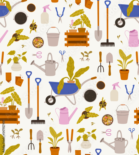 Seamless pattern of gardening tools. Plants in pots, watering can, seedlings, seeds, scissors, shovel, pitchfork, watering can, bucket, wheelbarrow, wooden box, garden scissors, composter, shovel.