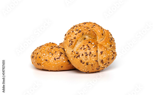 Traditional kaiser roll bun with linseeds and sesame seeds isolated on white background photo