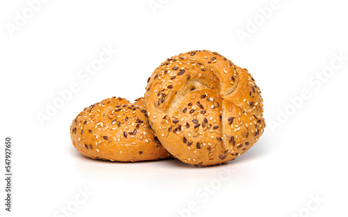 Fotografi Traditional kaiser roll bun with linseeds and sesame seeds isolated on white bac