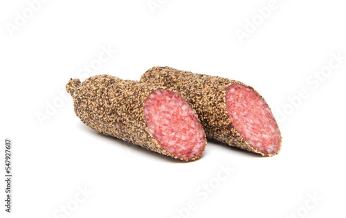Peppered salami sausage isolated on white background
