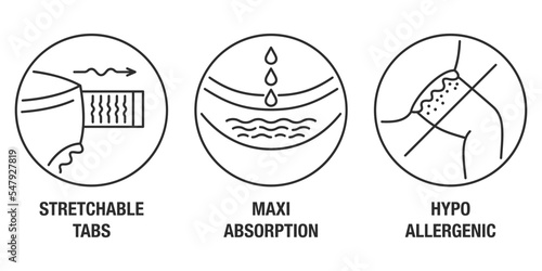 Diapers icons - stretchable, absorption, allergy