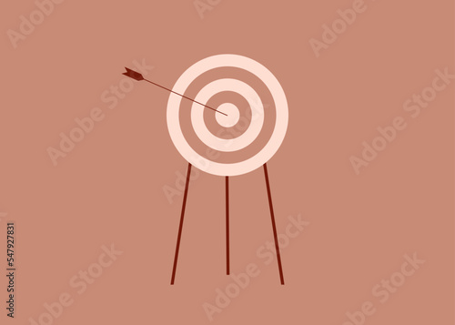Arrow hit the center of the target. Achieving the goal on the first try. Concept of accuracy business strategy and victory. Vector illustration