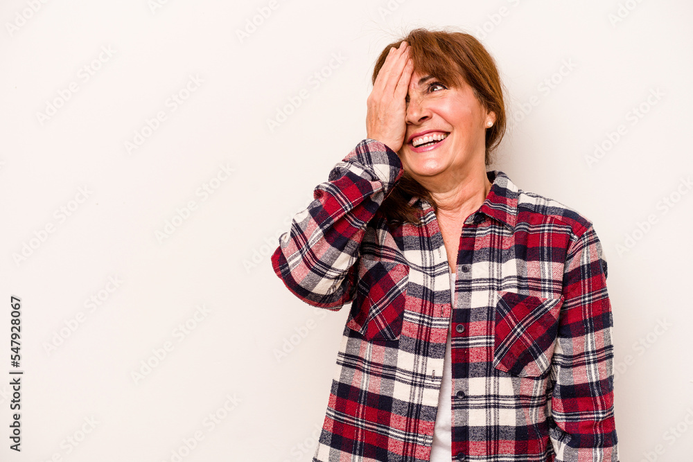 Middle age caucasian woman isolated on white background laughing happy, carefree, natural emotion. Middle age caucasian woman isolated on white background laughing happy, carefree, natural emotion.