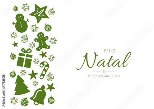 Portuguese text: Feliz Natal e próspero ano novo. Merry Christmas and Happy New Year. Vector illustration