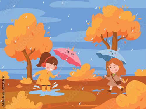 Happy little girls with umbrellas outside in rain flat style, vector illustration