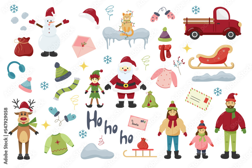 Flat set of christmas elements. Santa Claus, elf, deer, snowman, family, cat, car, sledge, clothes Flat set of christmas elements. Santa Claus, elf, deer, snowman, family, cat, car, sledge, clothes