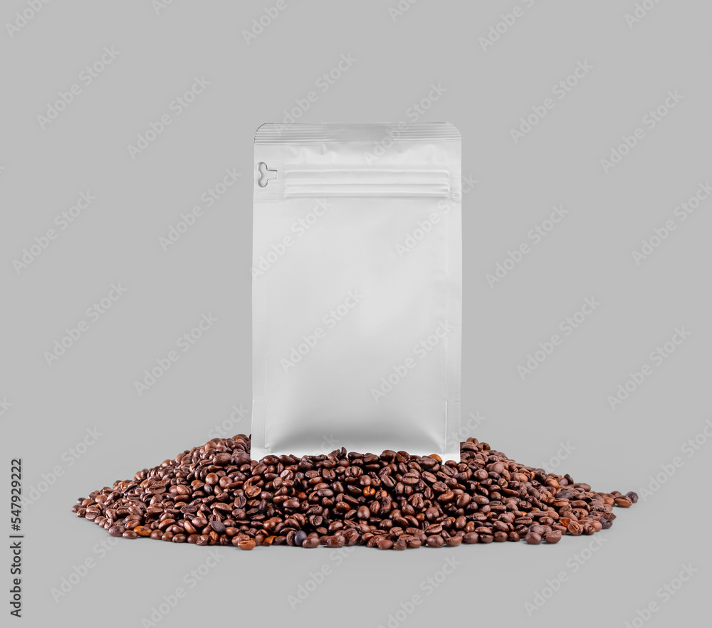 Mockup of white doy pack, zip gusset packaging on coffee beans, close-up, front view, isolated on background. - obrazy, fototapety, plakaty 