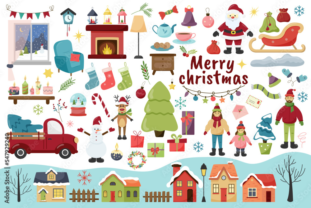 Set of flat christmas elements. Santa Claus, family, christmas tree, houses, fireplace, furniture, car, window, deer, snowman, snowglobe, candles, decorations Set of flat christmas elements. Santa Claus, family, christmas tree, houses, fireplace, furniture, car, window, deer, snowman, snowglobe, candles, decorations