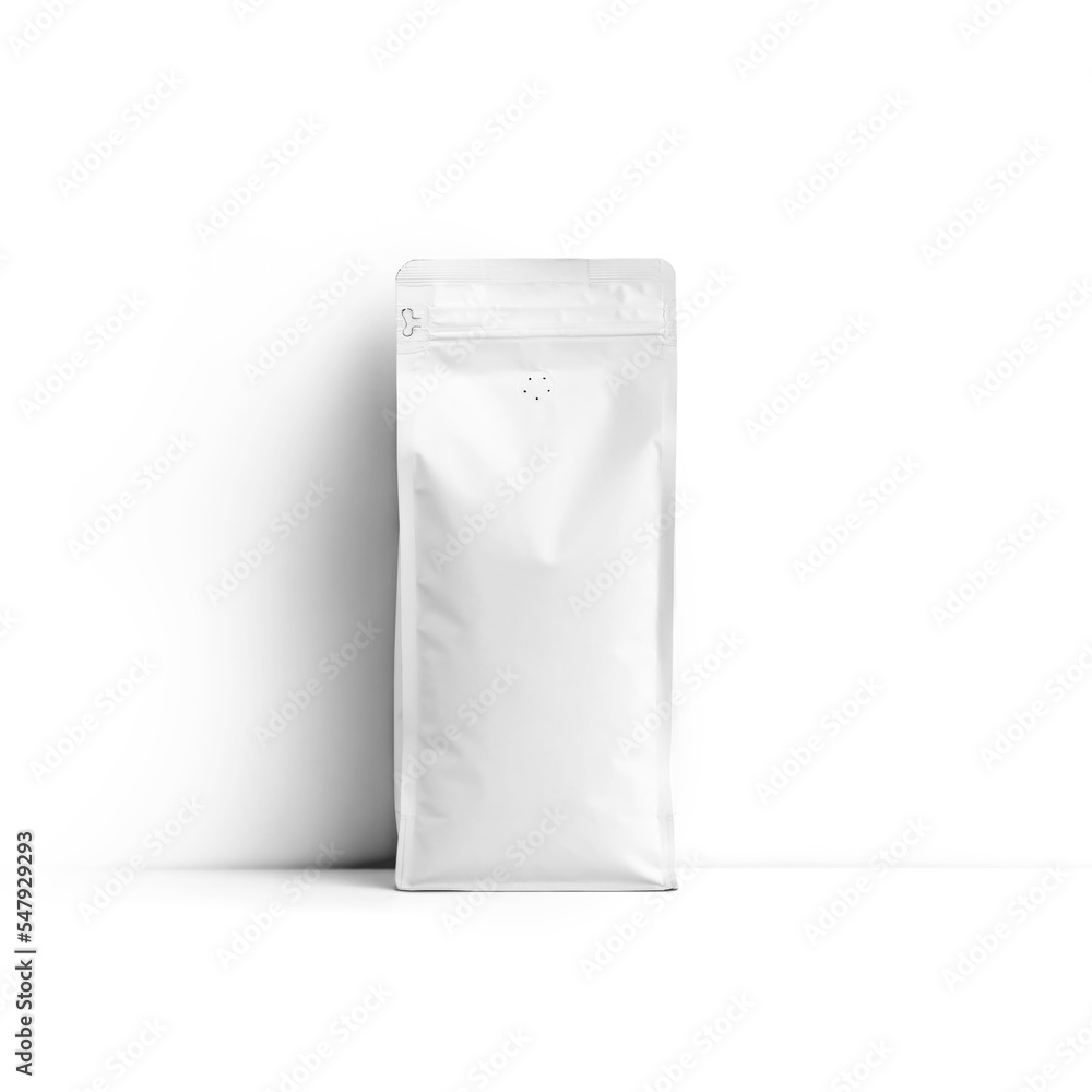 Mockup of a white bag for coffee with a degassing valve, packaging near the wall, isolated on background. Mockup of a white bag for coffee with a degassing valve, packaging near the wall, isolated on background.