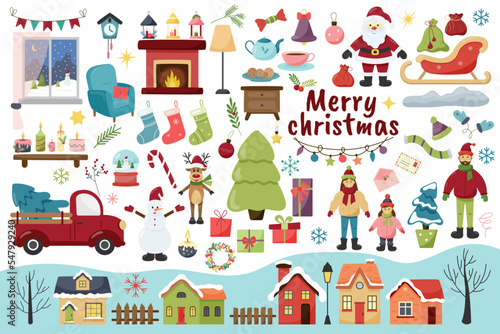 Set of flat christmas elements. Santa Claus, family, christmas tree, houses, fireplace, furniture, car, window, deer, snowman, snowglobe, candles, decorations