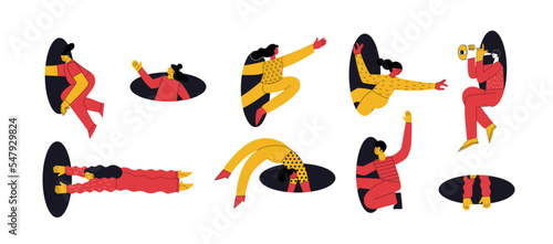 Different people coming, flying, jumping, looking through and out of holes. Happy enthusiastic lively men and women. Search, explore concept. Graphic vector illustration