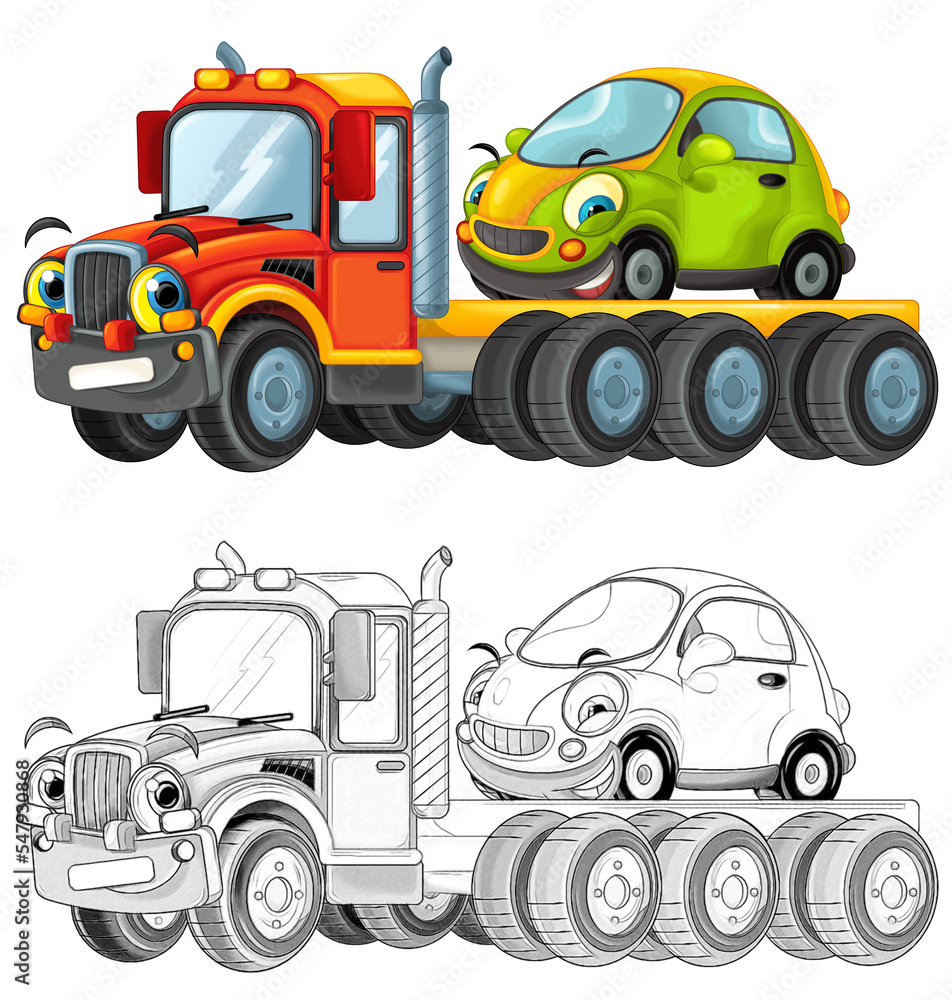 cartoon tow truck driving with load other car isolated cartoon tow truck driving with load other car isolated