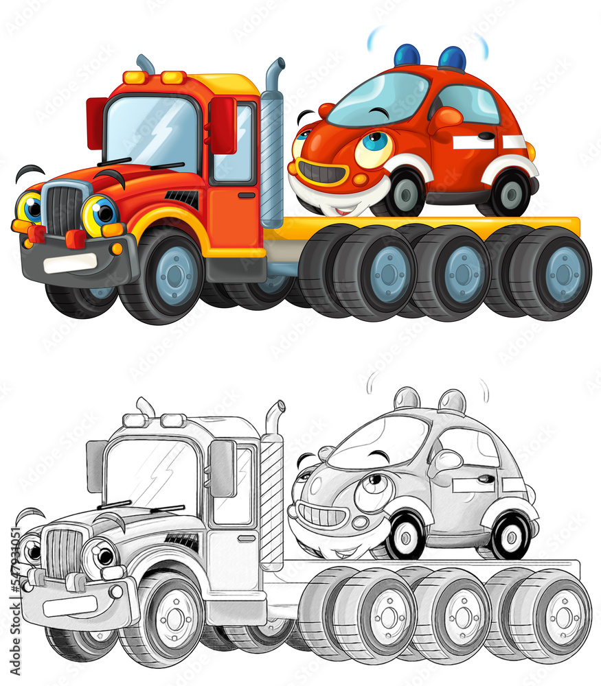 cartoon tow truck driving with load other car isolated