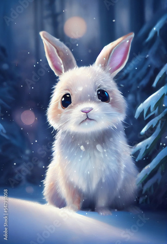 cute funny rabbit on the background of a fabulous winter forest, christmas card
