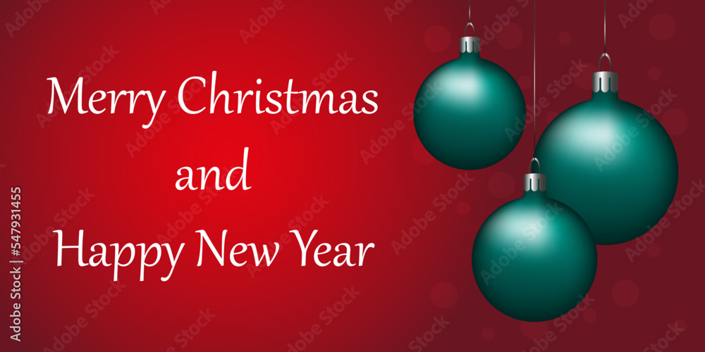 Merry Christmas Red Background with green balls. Horizontal Christmas posters, greeting cards, website. Vector