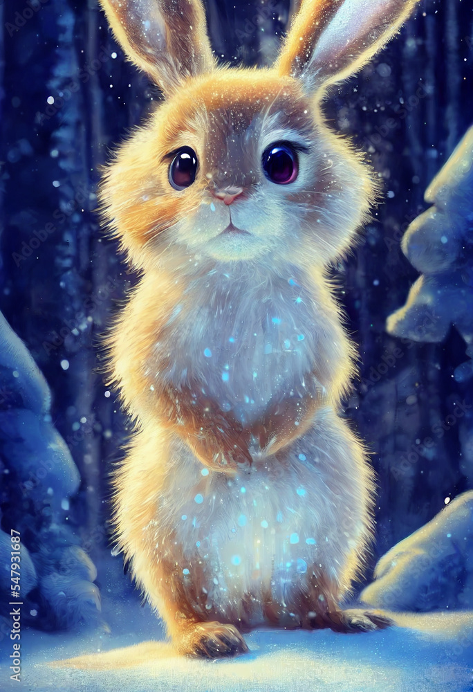 cute funny rabbit on the background of a fabulous winter forest, christmas card cute funny rabbit on the background of a fabulous winter forest, christmas card