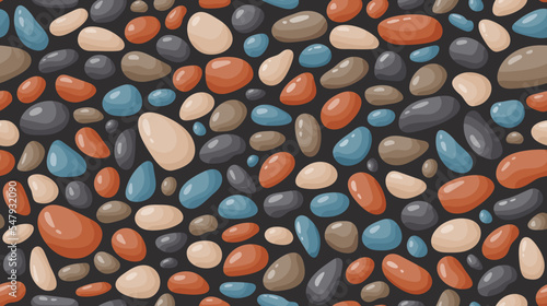 Pebble seamless pattern. Smooth stones background. Cartoon cobblestone paving texture. Sea or river pebbles and rocks repeating wallpaper. Vector