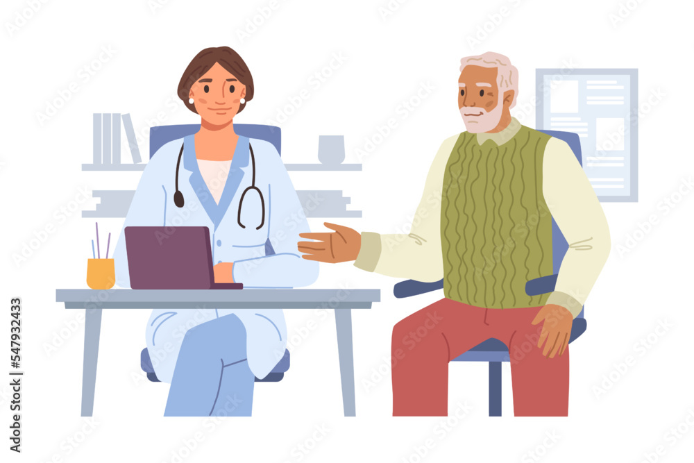 Doctor giving consultation and health advice to senior man. Giving prescription and treatment to old man. Flat cartoon character, vector in flat style Doctor giving consultation and health advice to senior man. Giving prescription and treatment to old man. Flat cartoon character, vector in flat style