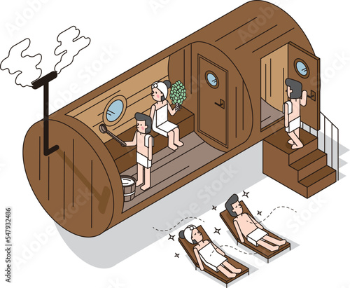 バレルサウナを満喫する男性と女性のアイソメイラスト