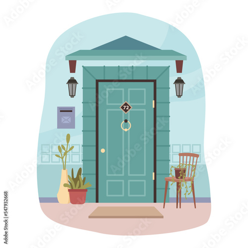 Entrance doors with porch, chair for resting outside. Decorative pots and flowers, lanterns hanging from roof. Exterior and front view of home. Vector in flat style