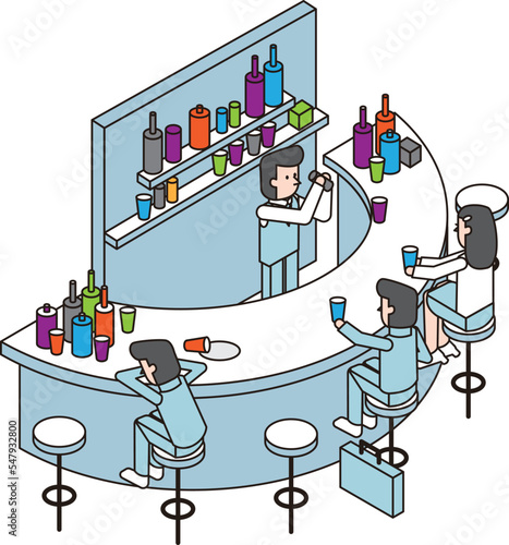 BARのカウンターでお酒を楽しむ男性と女性のアイソメイラスト