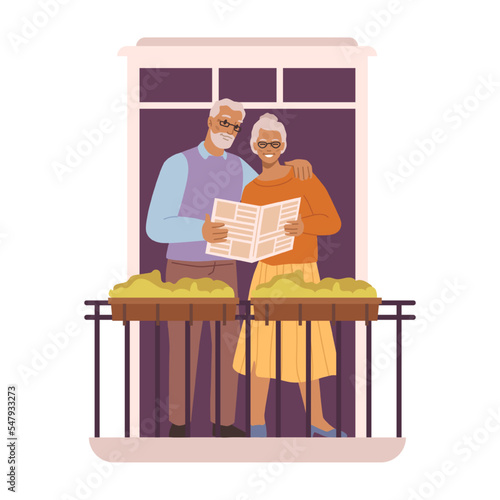 Grandmother and grandfather reading newspaper standing on balcony. Senior people at home on weekend relaxing. Cartoon character, vector in flat style