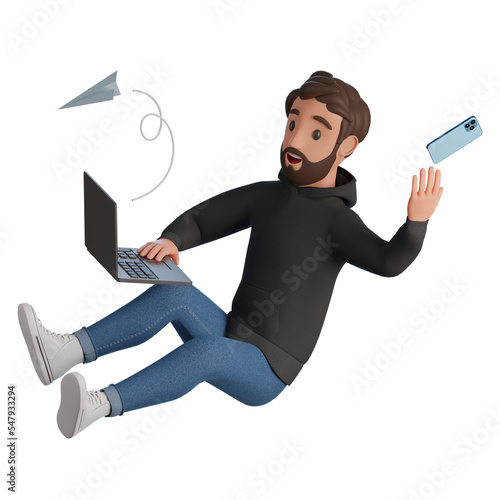 A man in a black hoodie and blue jeans is flying around with a laptop and phone in an online meeting 3d render illustration