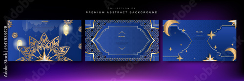 Ramadan Kareem vector card with 3d golden metal crescent and stars. Arabic style arch in beige color with traditional pattern. Copy space.