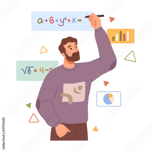 Analytical type thinking or mindset. Isolated man identifying problems and solving issues. Mathematics and formulas. Cartoon character, vector in flat style