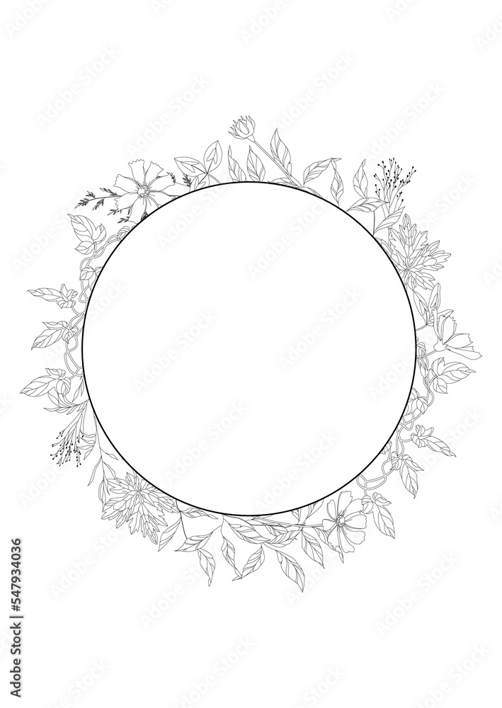 Flowers in a round frame. A circle for text with black silhouettes of meadow grasses. Flower wreath. The design of the element. Vector illustration. Flowers in a round frame. A circle for text with black silhouettes of meadow grasses. Flower wreath. The design of the element. Vector illustration.