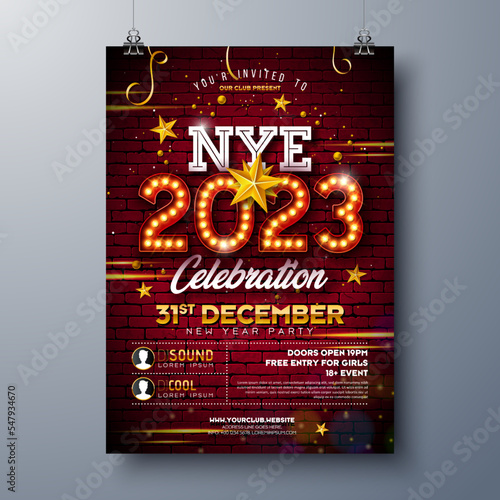 2023 New Year Party Celebration Poster Template Illustration with Lights Bulb Marquee Number and Gold Star on Brick Wall Background. Vector Holiday Premium Invitation Flyer or Promo Banner.