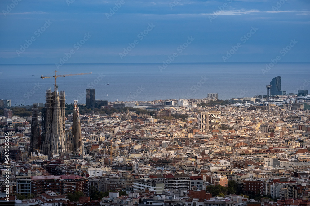 Aerial view of the Sagrada Familia basilica and the city of Barcelona Aerial view of the Sagrada Familia basilica and the city of Barcelona
