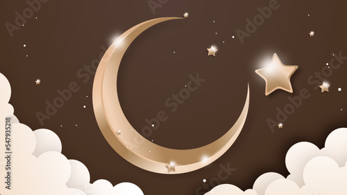 Ramadan Kareem vector card with 3d golden metal crescent and stars. Arabic style arch in beige color with traditional pattern. Copy space.