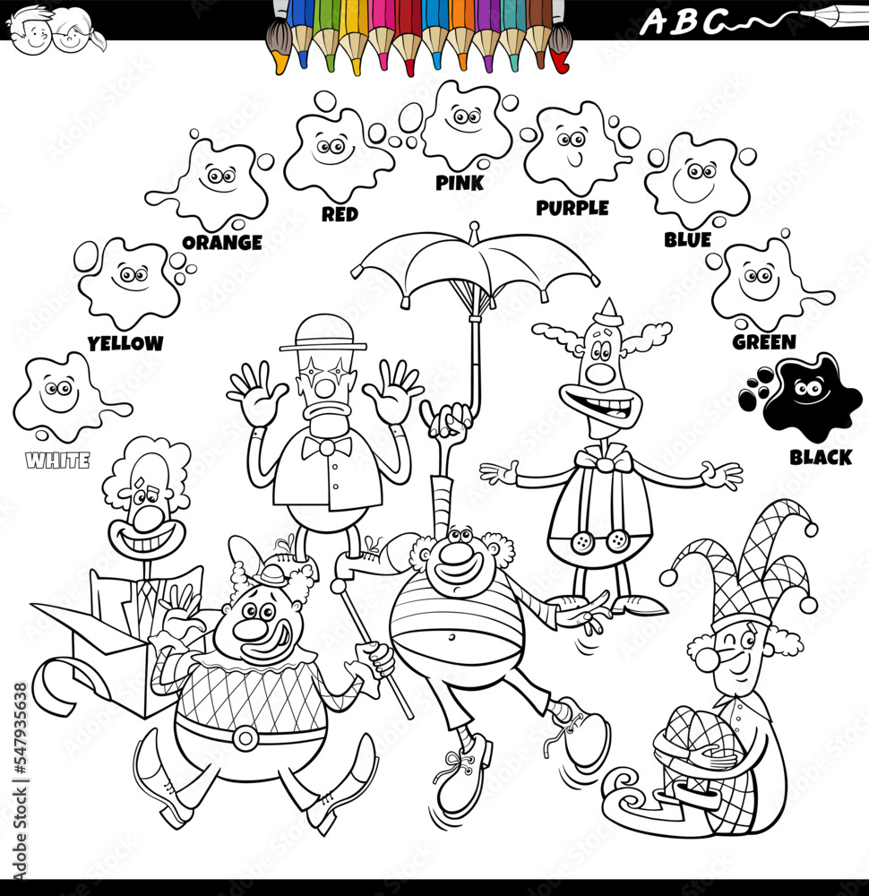 Naklejka premium basic colors color book with cartoon clowns coloring page