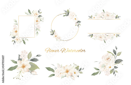 Flower watercolor gold frame set. Pink and white rose flower. Template wedding invitation card.