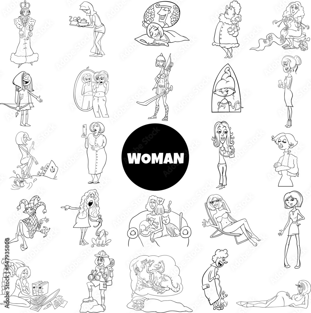 Naklejka premium black and white cartoon women and girls characters big set
