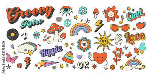 Set of stickers icons retro style 70s groove on white background