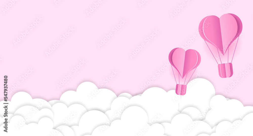 Paper cut heart hot air balloon and white clouds. Origami made hot air balloon and clouds. Paper art style. Greeting or Sale banner. Vector illustration