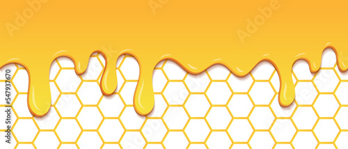 Yellow pattern with honeycomb and honey drips. Dripping honey seamless pattern. Gold honey hexagonal cells seamless texture. Vector illustration