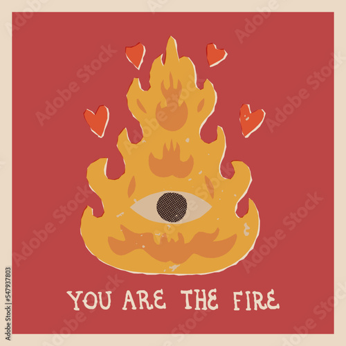 Esoteric bonfire with hearts, third eye in the middle. You are the Fire hand lettering. Funny Valentine's Day card.