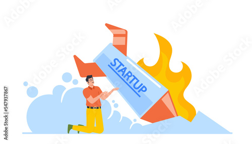 Businessman Disappointed and Sad of Company Startup Idea Fail. Shocked Business Man Looking on Burning Spaceship